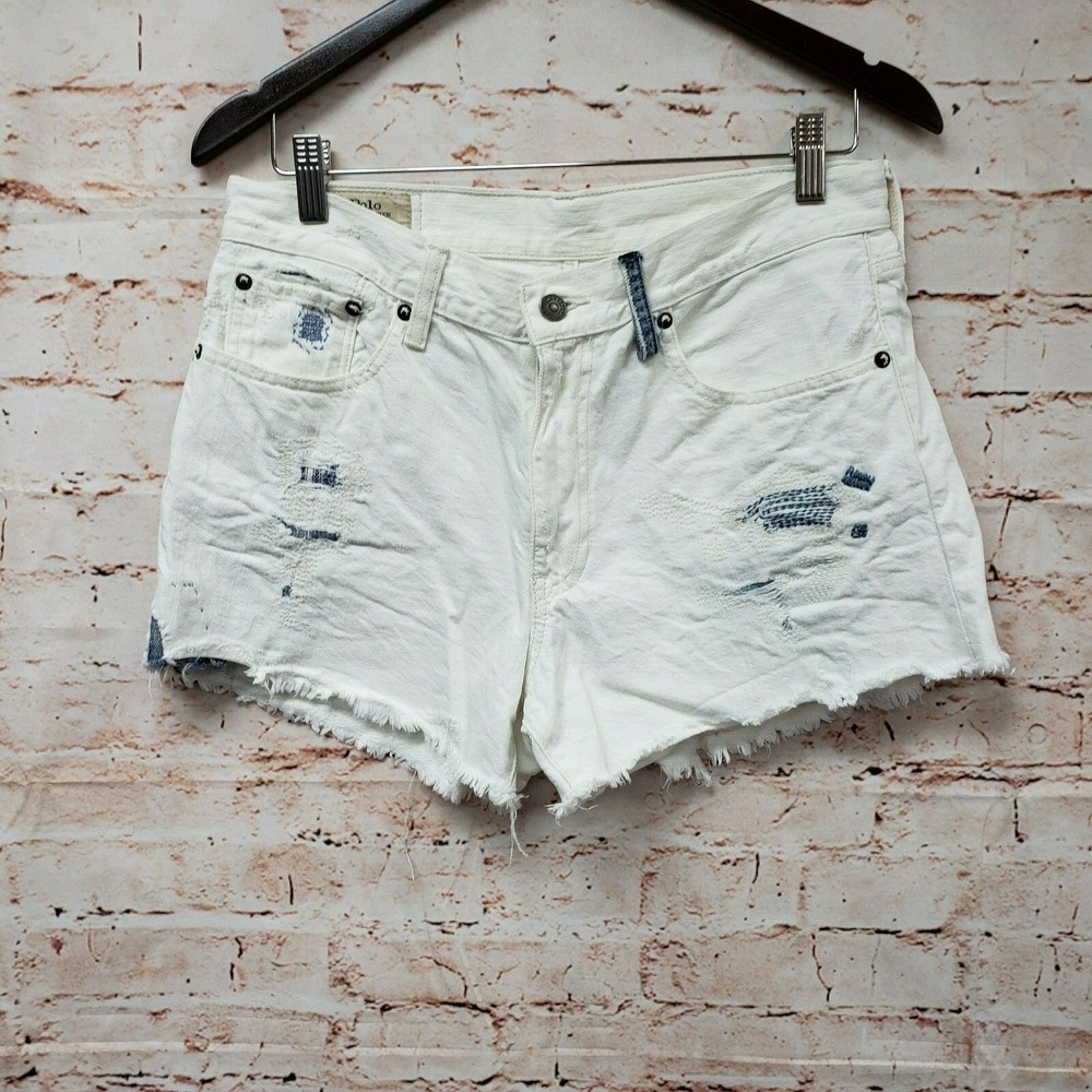 Polo Ralph Lauren Womens Jean Shorts Distressed Sz 28 White Blue Frayed Hem